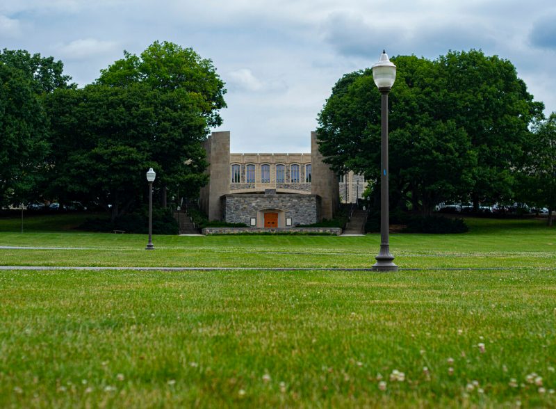 A view of War Memorial Chapel from the center of the Drillfield on a warm summer's day. Photo by Lee Friesland for Virginia Tech.