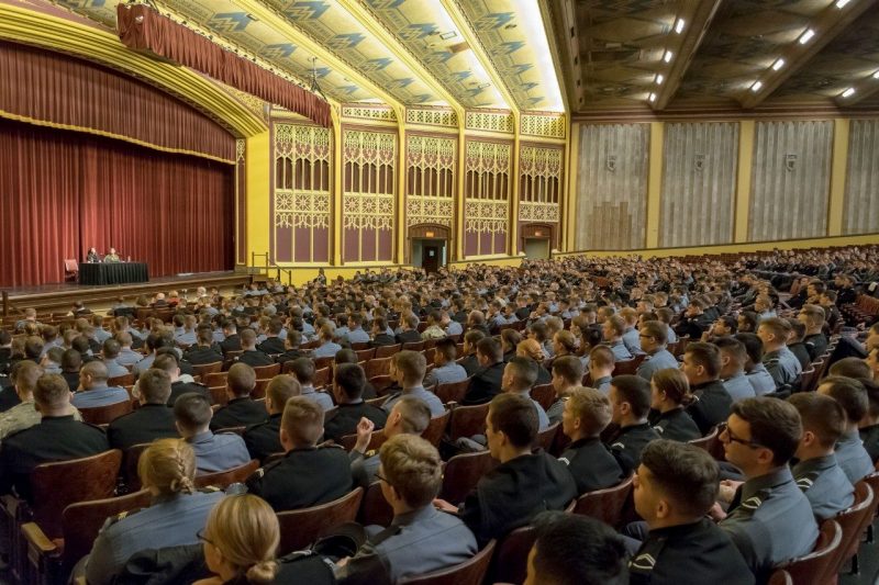Cadets fill the Burruss Hall Auditorium.