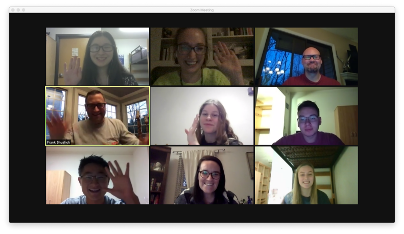 Amanda Eagan joins other Division of Student Affairs staff in a zoom call with students who spent Thanksgiving 2020 in on-campus quarantine and isolation spaces. Pictured are top row (left to right): Thea Torrisi, student RA; Sarah Stayer, student life coordinator; Sean Grube, director of Housing and Residence Life; middle row (left to right): Frank Shushok, vice president for Student Affairs; Jillian Boersma, student; Carminie Marro, student; bottom row (left to right): David Woo, student; Amanda Eagan, assistant director for Housing and Residence Life; and Suzanne Fox, student. Photo provided by Sarah Stayer.