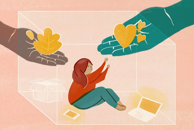 An illustration of hands reaching in towards a student that is in isolation or quarantine. Illustration by Christina Franusich for Virginia Tech.