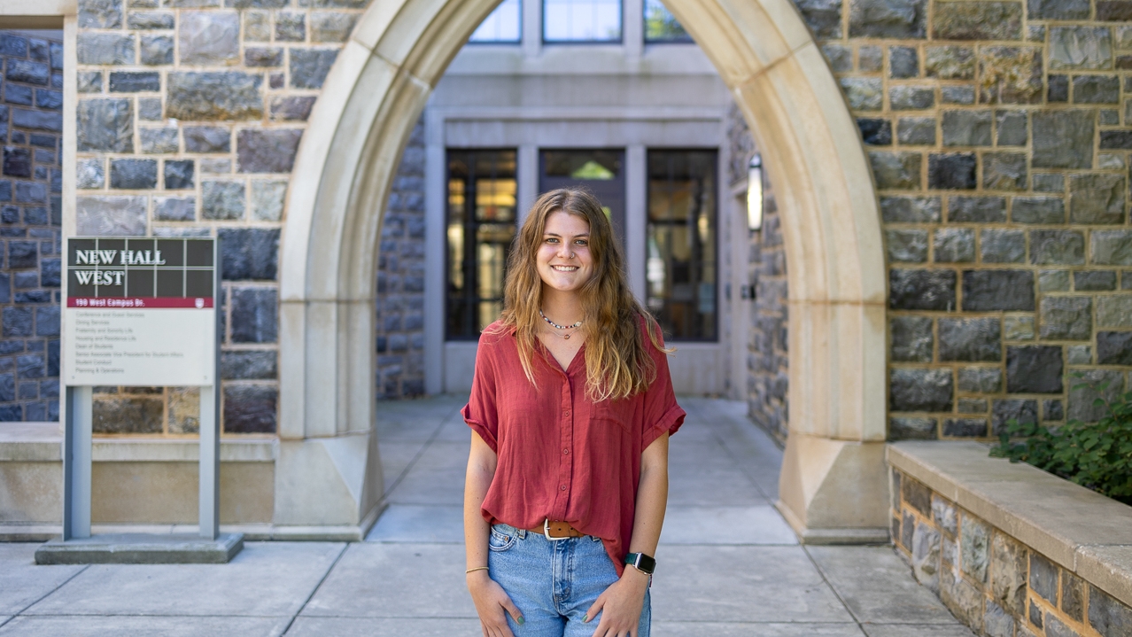 Amanda Eagan stands in her office in the Housing & Residence Life suite of New Hall West. Photo by Stephen Henninger for Virginia Tech. Amanda Eagan stands in her office in the Housing & Residence Life suite of New Hall West. Photo by Stephen Henninger for Virginia Tech.