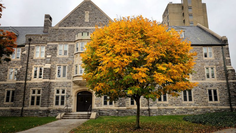 A tree with yellow and orange leaves stands in front of one of the residence halls on Virginia Tech's campus.