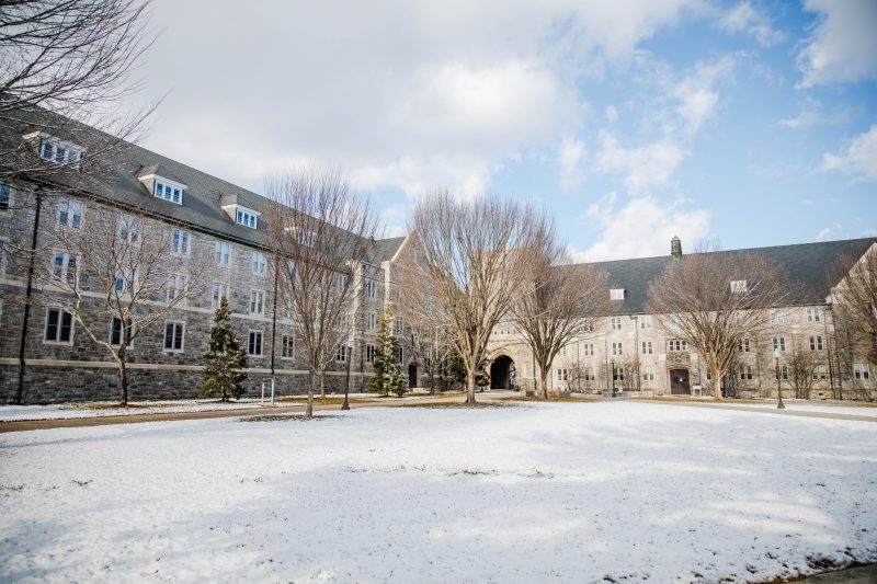 A photo of the Graduate Life Center at Donaldson-Brown in the snow. 