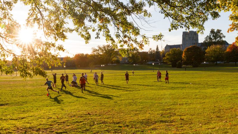 Students play soccer on the Drillfield on a beautiful fall day. Photo by Jud Froelich for Virginia Tech.