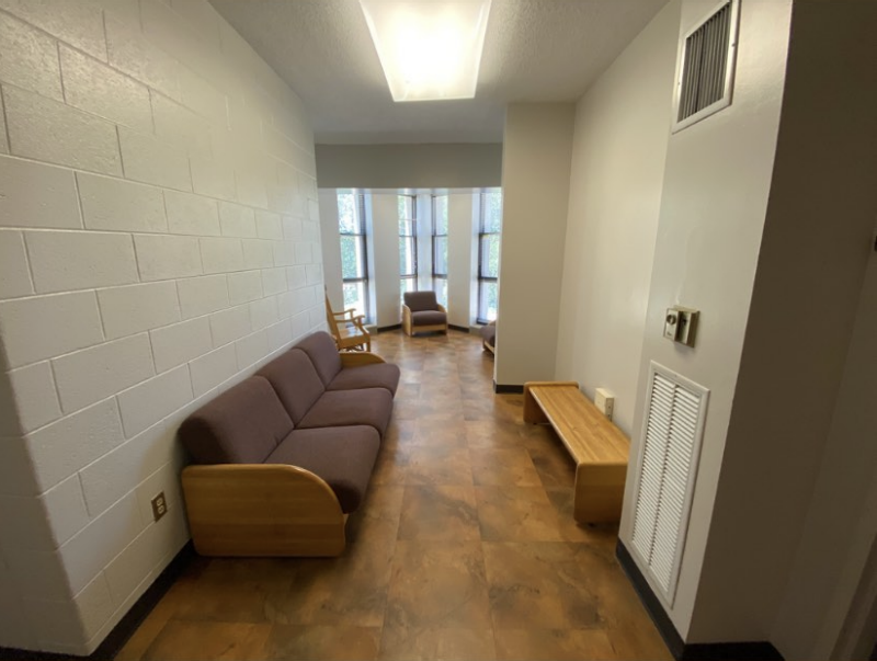 A view into the shared in-suite common living space in New Residence Hall East, focused on the couch, coffee table, and windows to the outside.
