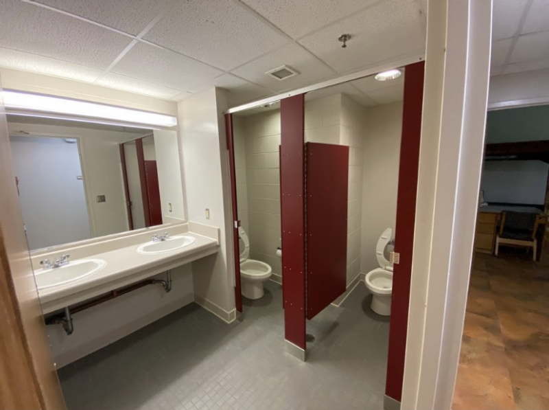 A typical in-suite bathroom in New Residence Hall East. You can see two toilets, with shower stalls off of the left side of the photo.