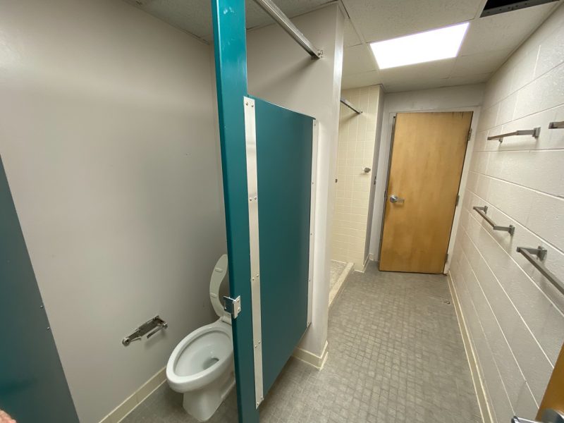 A typical in-suite bathroom in Payne Hall. You can see a toilet in stall, and a shower stall is around the corner.