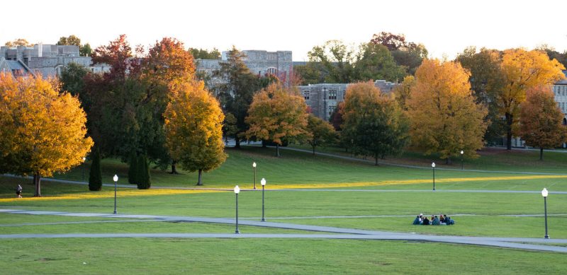 A view of the trees lining the Drillfield, with residential buildings poking up between the fall-colored leaves. Photo by Christina Franusich for Virginia Tech.