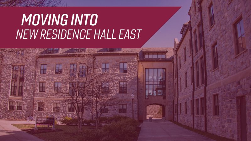 A view of the archway connecting the two wings of New Residence Hall East, with the title "Moving Into New Residence Hall East."