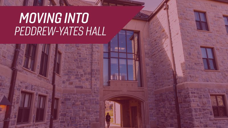 A student walks through the archway underneath Peddrew-Yates Hall, with the title "Moving Into Peddrew-Yates Hall."