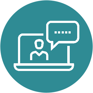 An icon of someone speaking on a video call on a laptop.